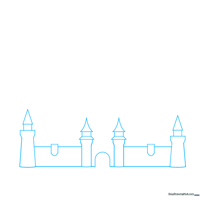 Pencil sketch showing the base walls and pawn-shaped towers of a castle outline.