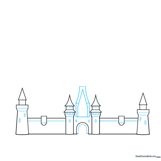 Drawing showing the addition of arched doorways and rectangular windows to the castle walls.