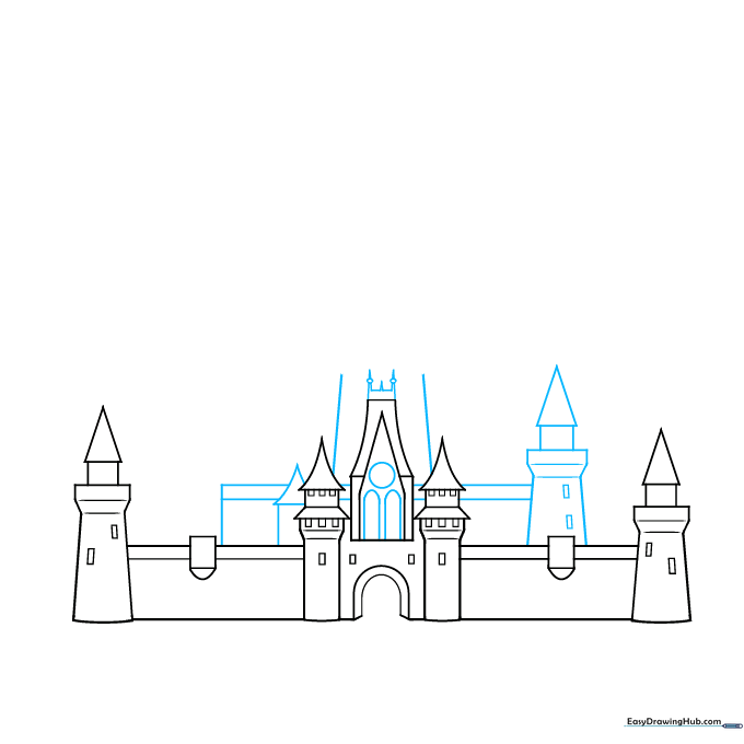 Detailed sketch showing the addition of a central spire and decorative circles on the castle.