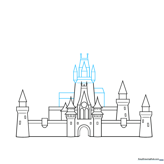 Pencil drawing showing the extension of the central tower with geometric shapes.