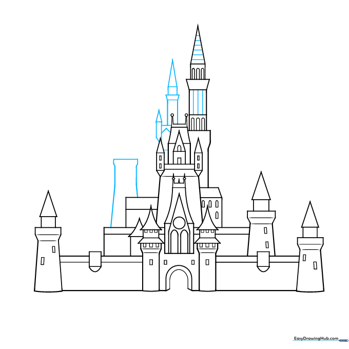 Sketch showing the addition of a curved tower to the side of the main castle structure.