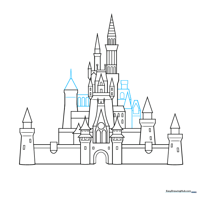 Drawing showing the connection of towers with walls using various geometric shapes.
