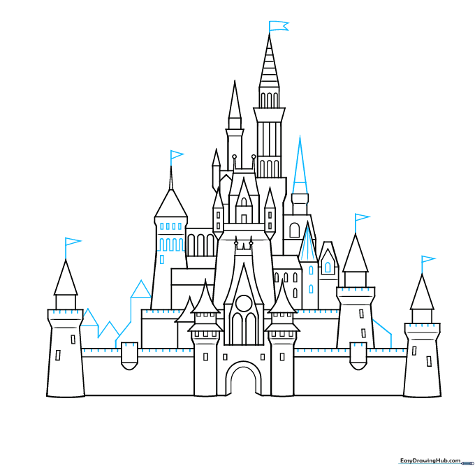 Detailed drawing showing the addition of flags and stone texture to the castle walls.
