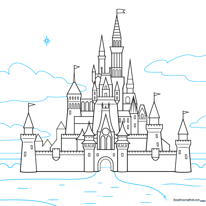 Final outline drawing showing the castle with added clouds, a bridge, and a star in the sky.