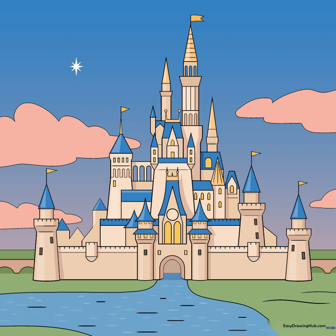 Finished, colored illustration of the Disney-style castle with blue roofs and beige walls.