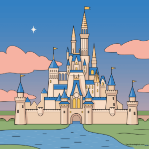 A vibrant, finished drawing of a magical castle, perfect for inspiring young artists.