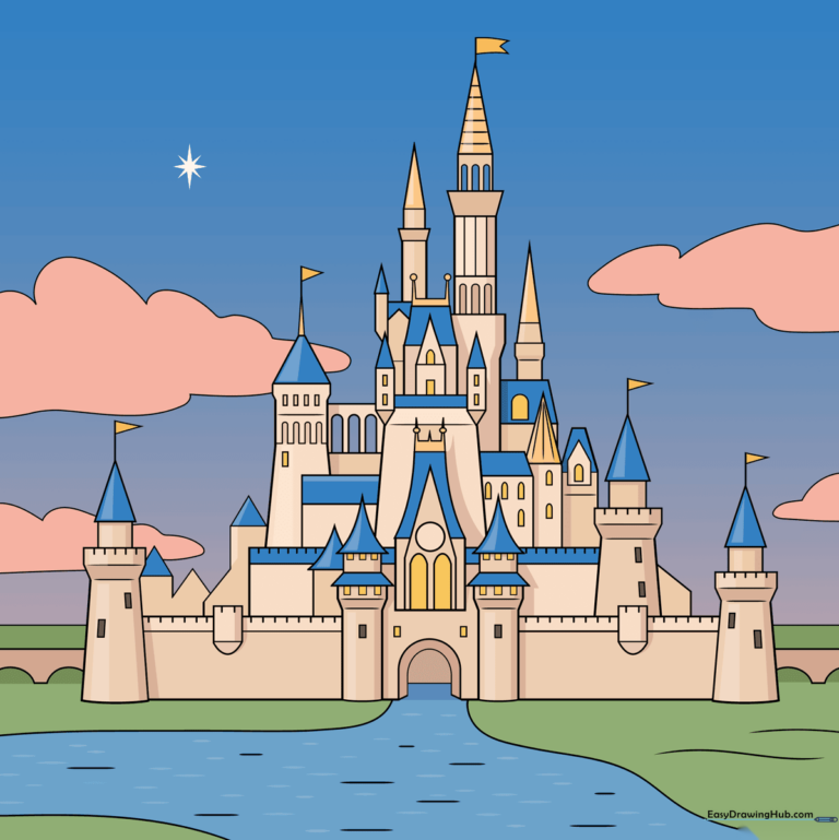 A vibrant, finished drawing of a magical castle, perfect for inspiring young artists.