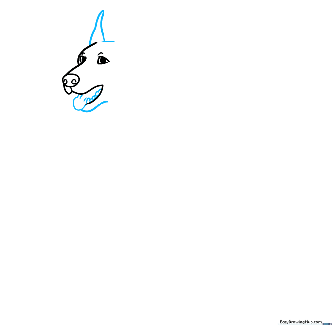 Adding the Doberman's triangular ear and an open mouth with visible teeth and tongue.