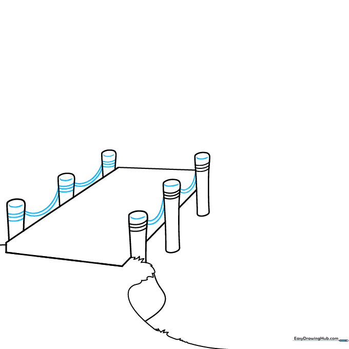 Adding 3D tops to the posts and connecting them with rope lines.