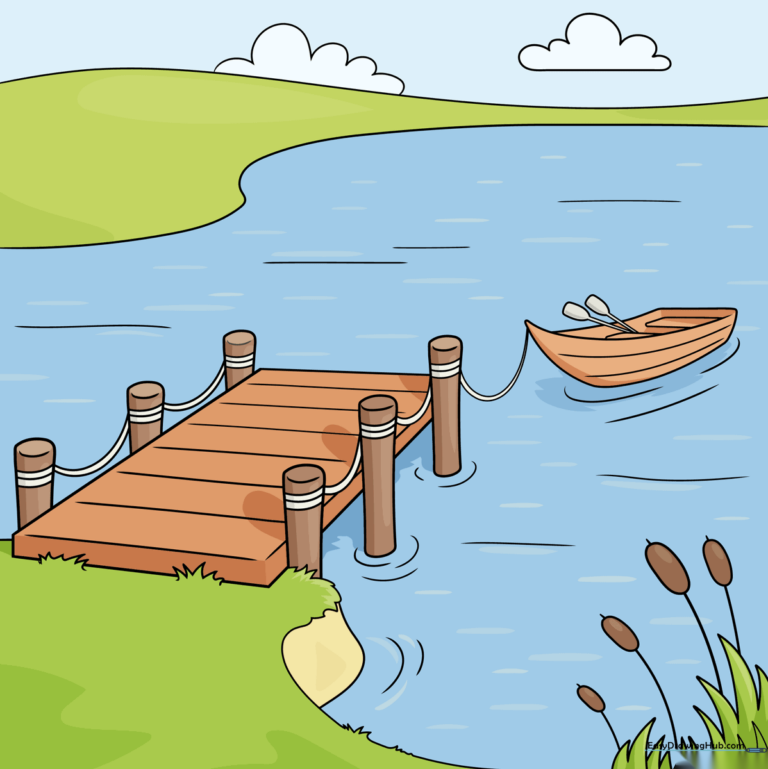 A complete, colorful landscape drawing of a wooden dock on a calm lake.