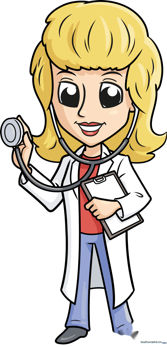 A friendly cartoon doctor character, fully colored and ready for a drawing lesson.