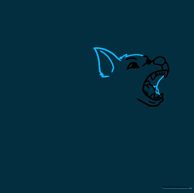Outlining the dog's head, ear, and adding fur texture at the top.