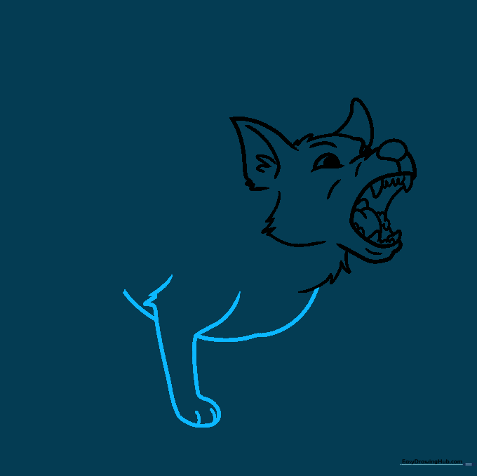 Sketching the front leg and chest of the barking dog.