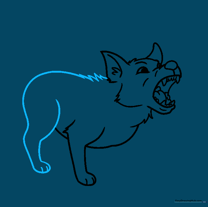 Drawing the dog's back, rump, and hind leg.