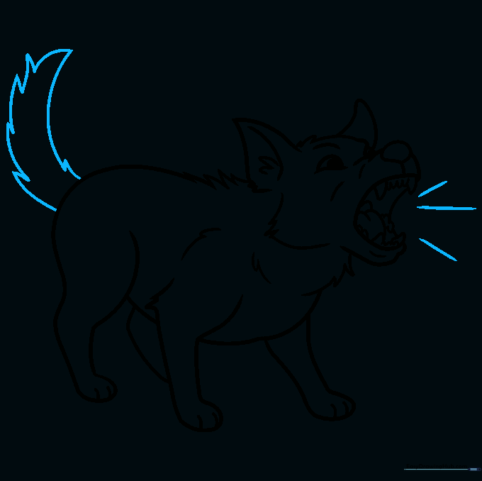 Adding the tail and sound lines to complete the barking dog illustration.