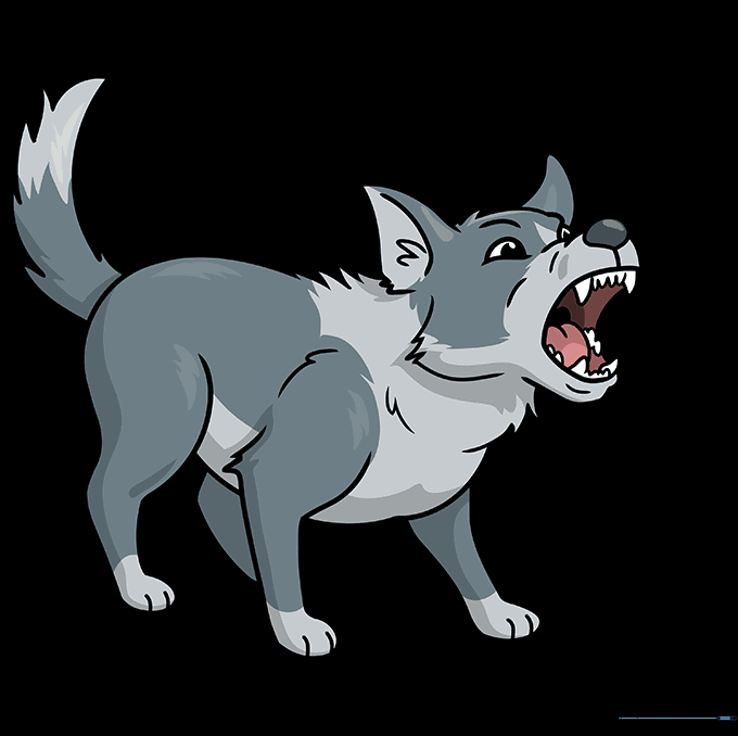 The final colored barking dog drawing with gray shading.