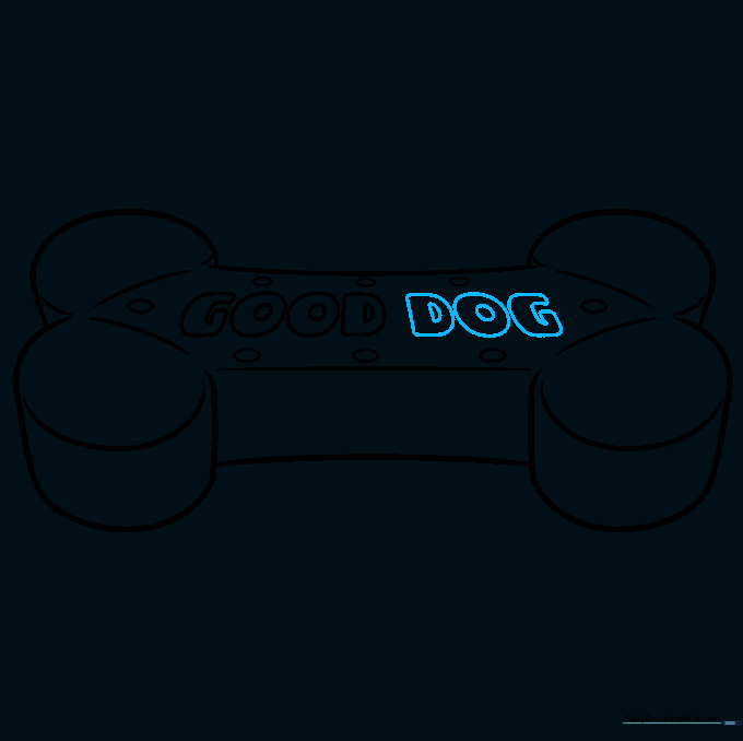 Drawing showing the completed text GOOD DOG on the biscuit.