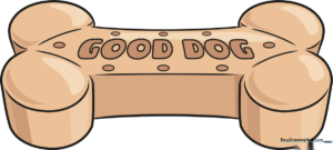 Colorful, finished drawing of a bone-shaped dog biscuit labeled GOOD DOG.