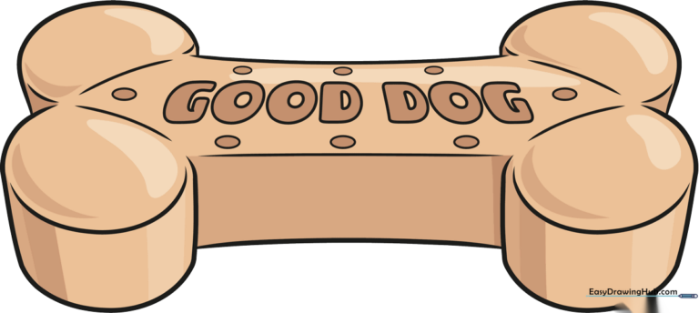Colorful, finished drawing of a bone-shaped dog biscuit labeled GOOD DOG.