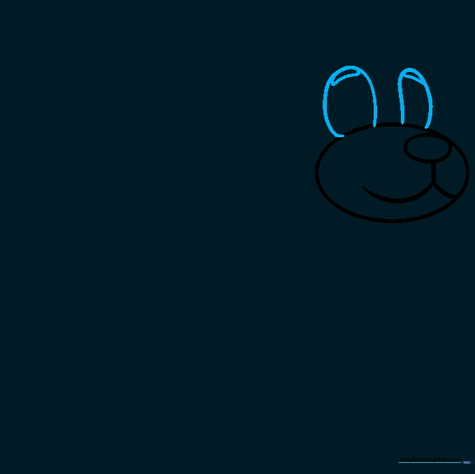Drawing the eye patches and eyebrow arches above the dog's muzzle.