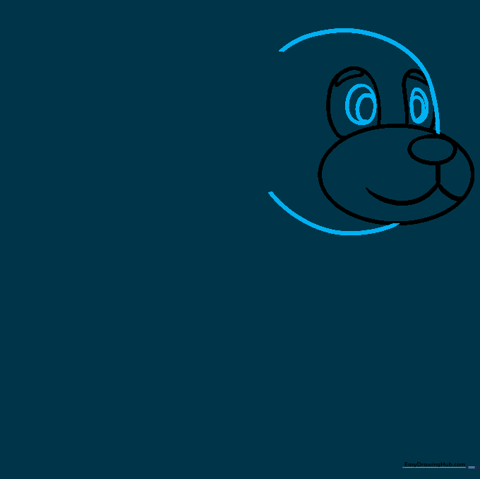 Adding circular pupils inside the eye patches to complete the dog's face.