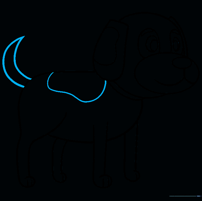 Finalizing the drawing by adding a tail and spots on the dog's back.