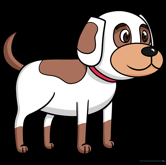The final colored cartoon dog drawing with brown spots.