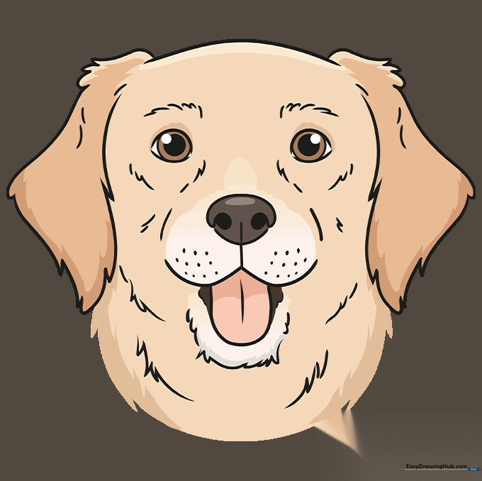 A finished, colored drawing of a friendly dog head.