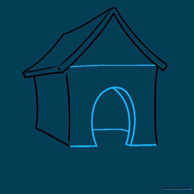 Sketching the arched doorway and floor base of the dog house.