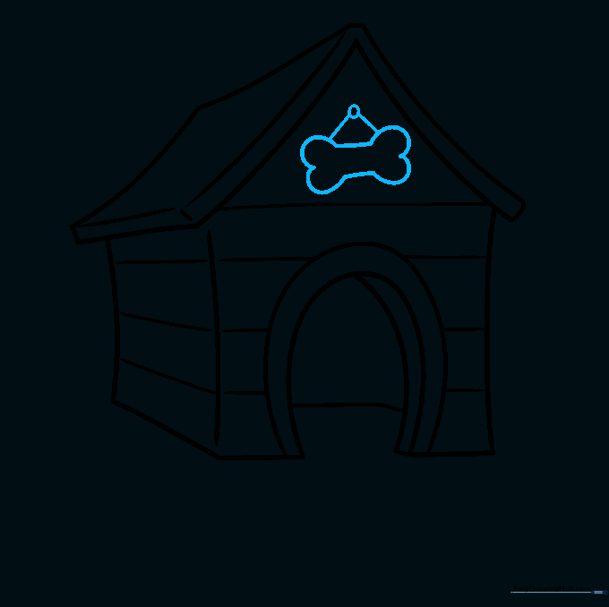 Drawing a bone-shaped nameplate hanging above the dog house entrance.