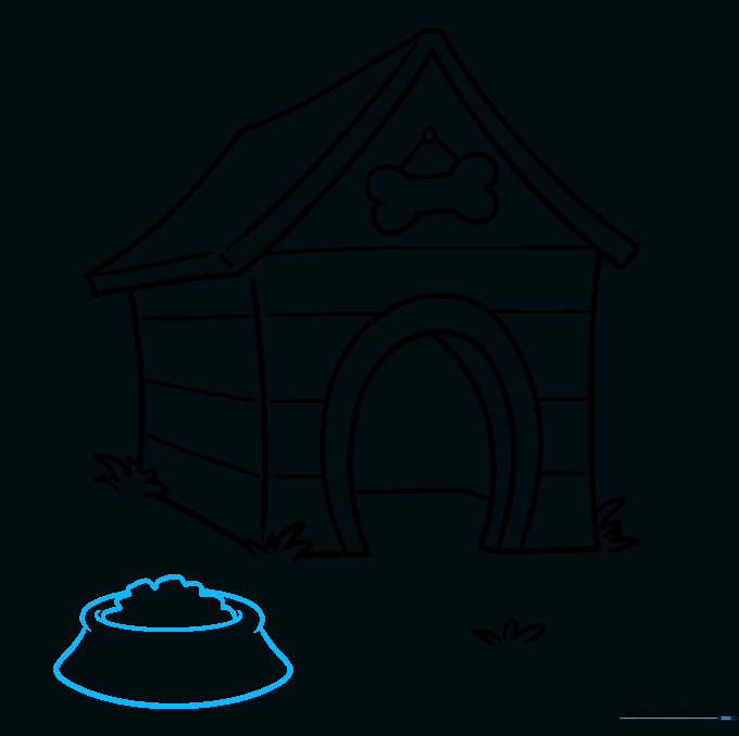 Drawing a dog food bowl filled with kibble next to the house.