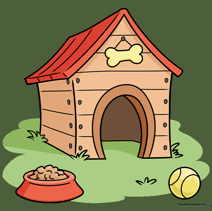 The finished, colored dog house drawing with a red roof and brown wooden walls.