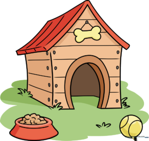 A completed, colorful cartoon dog house drawing.