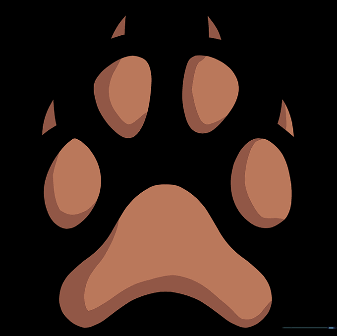 A finished, colored dog paw print drawing with shading.