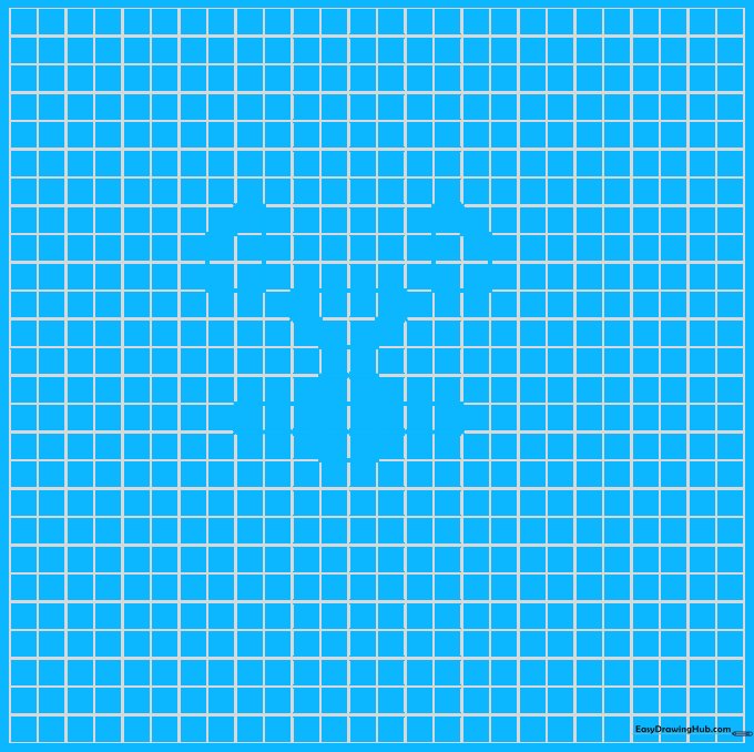 Close-up of pixel art dog face showing eyes and nose placement on a grid.