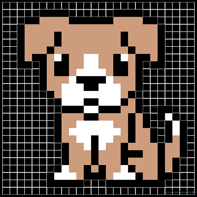 The completed, colored pixel art dog on a grid background.