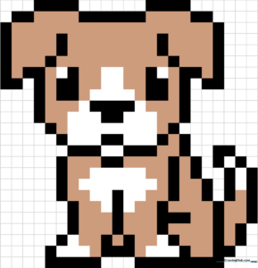 Colorful pixel art dog illustration designed for kids.