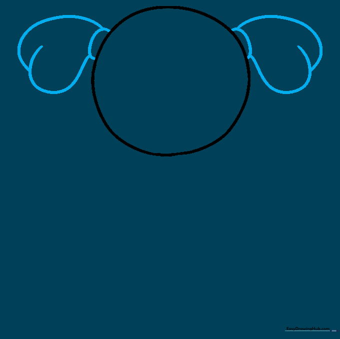 Pencil sketch showing two pigtails attached to the sides of the head circle.