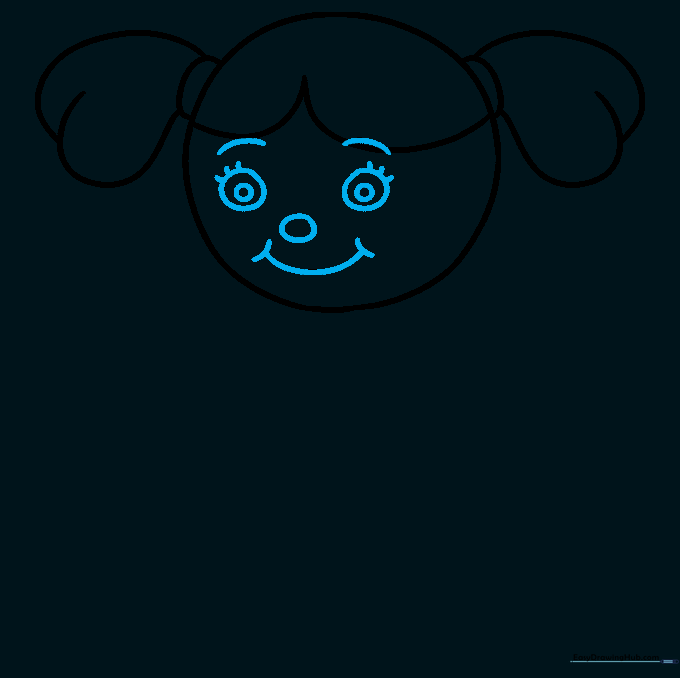 Detailed facial features including eyes with pupils, eyelashes, eyebrows, and a smiling mouth.