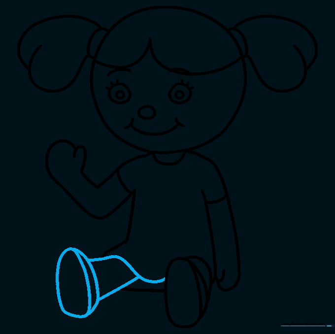 The completed dress hem connecting the two feet of the doll.