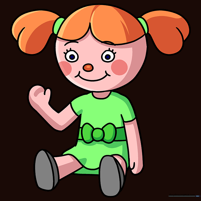 The fully colored cartoon doll drawing with vibrant clothing and hair.