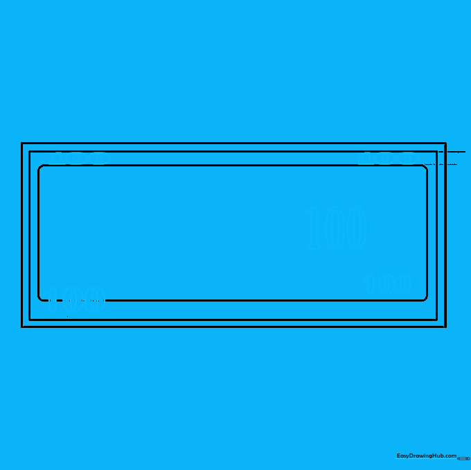 The number 100 written in block style in five strategic locations on the dollar bill template.