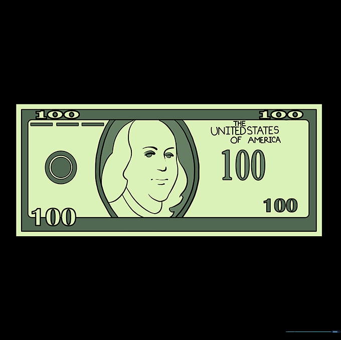 The finished dollar bill drawing, colored in shades of green.