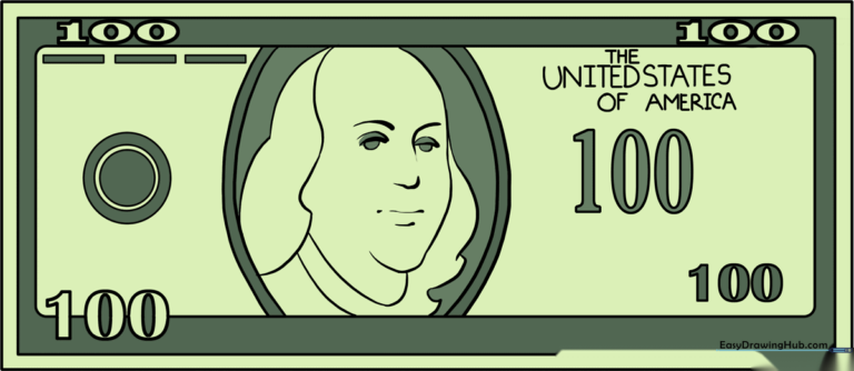 A finished, colored illustration of a 100 dollar bill, showcasing the portrait and decorative details.