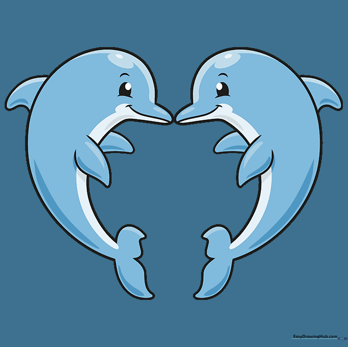 Finished, colored drawing of two dolphins forming a heart shape.