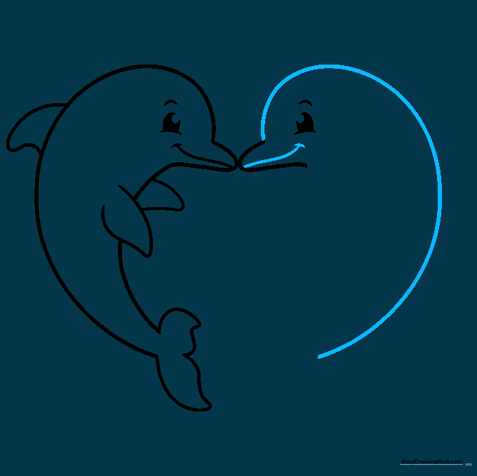 Outlining the back and head of the second dolphin.