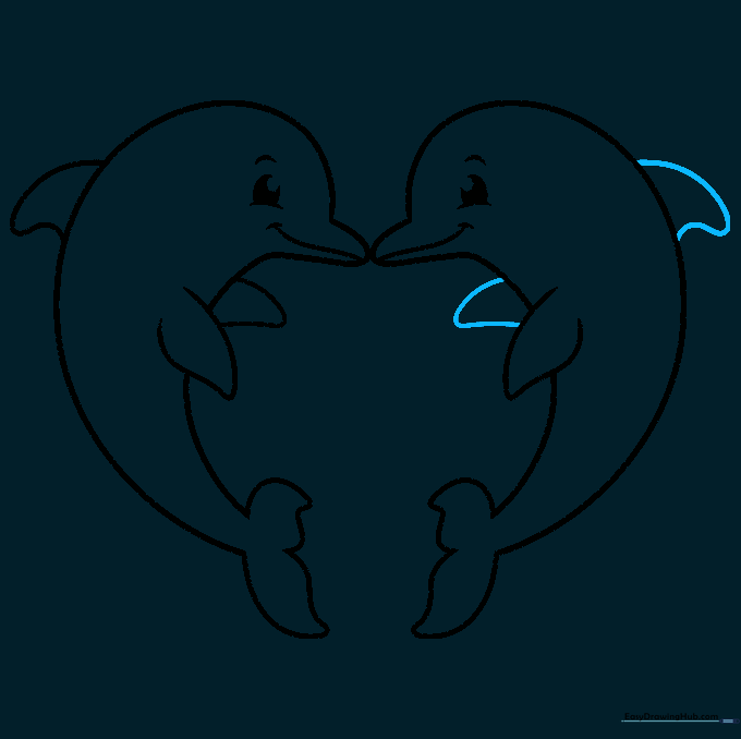 Finalizing the outline of the two dolphins forming a heart.