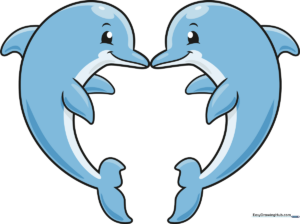 Two cartoon dolphins swimming together to form a heart shape, colorful and friendly style.