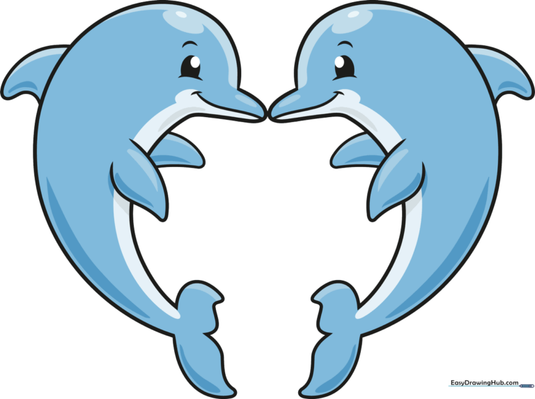 Two cartoon dolphins swimming together to form a heart shape, colorful and friendly style.