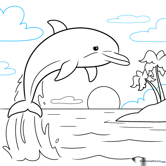 Completed line art of the dolphin sunset scene with additional cloud details.